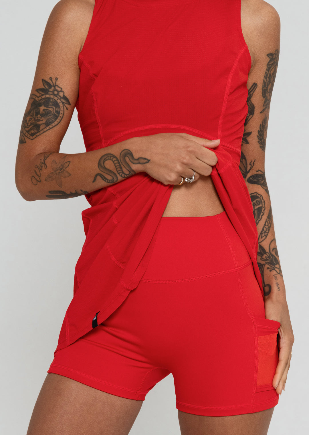 red tennis dress with shorts summer outfit : red abrecrombie mini traveler dress